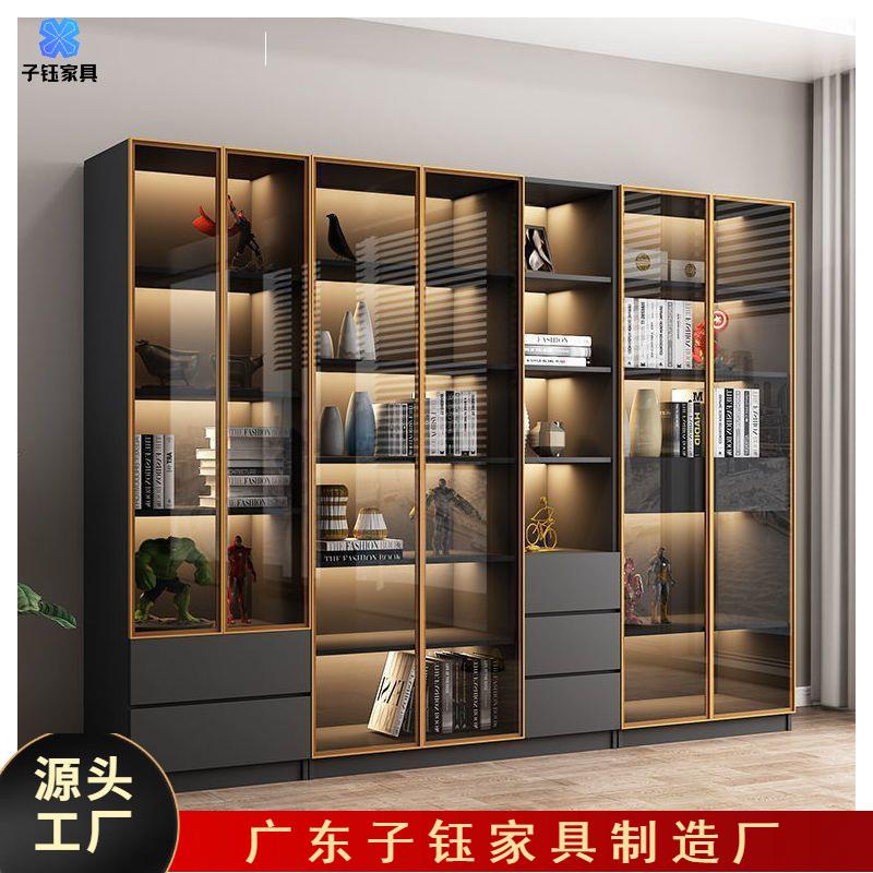 书柜带玻璃门书架现代简约置物架落地组合储物展示柜轻奢书橱实木