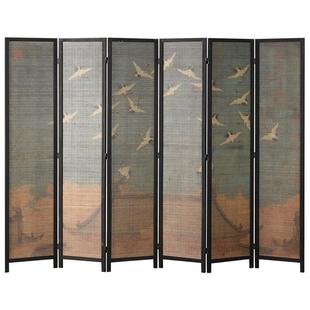 实木屏风隔断客厅现代中式屏风折屏竹子室内隔断屏风办公室瑞鹤图