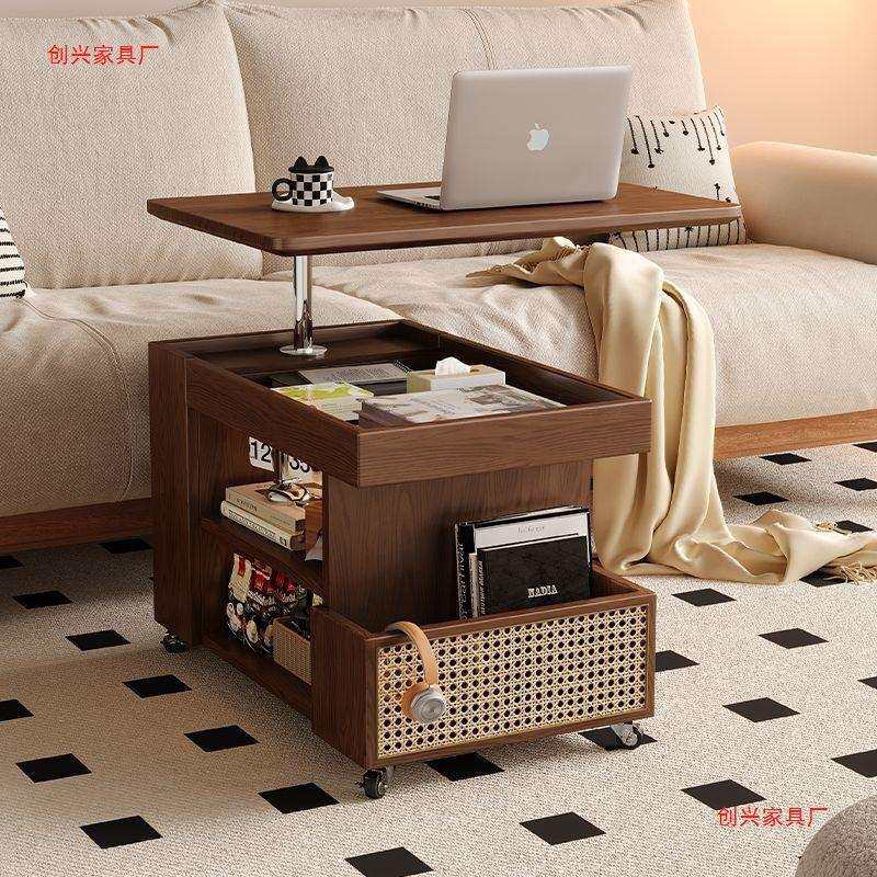 中古风移动边几实木升降旋转茶几桌沙发边几柜带轮小推车储物边柜