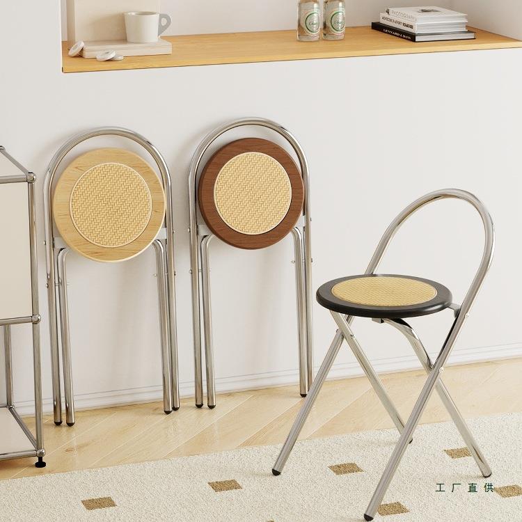 藤编餐椅折叠软包中古风小户型家用感餐桌椅子网红不锈钢凳子