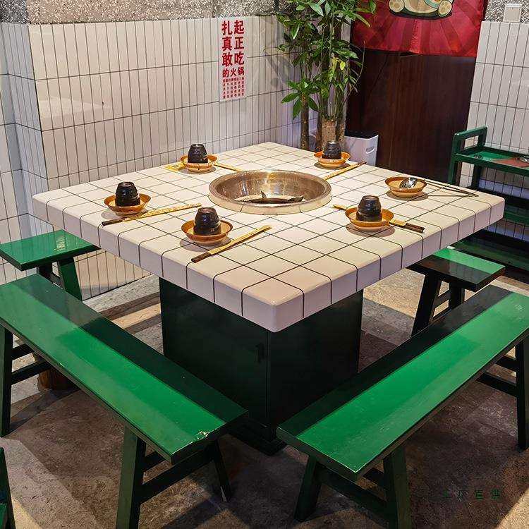 大理石岩板火锅桌子电磁炉一体商用餐馆用市井火锅店桌椅组合实木