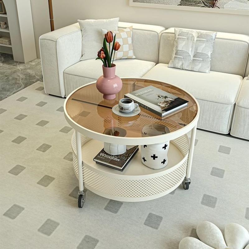 奶油圆形现代小户型家用客厅简约沙发轻奢玻璃移动圆桌网红茶几