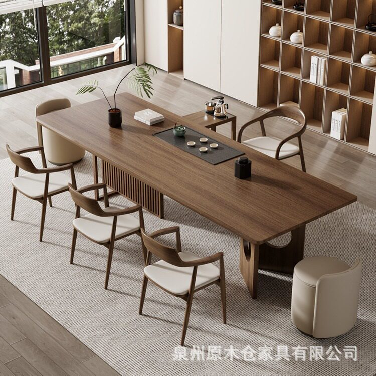 新中式实木餐桌椅组合原木大板茶盘一体泡茶台简约家用办公泡茶桌图片