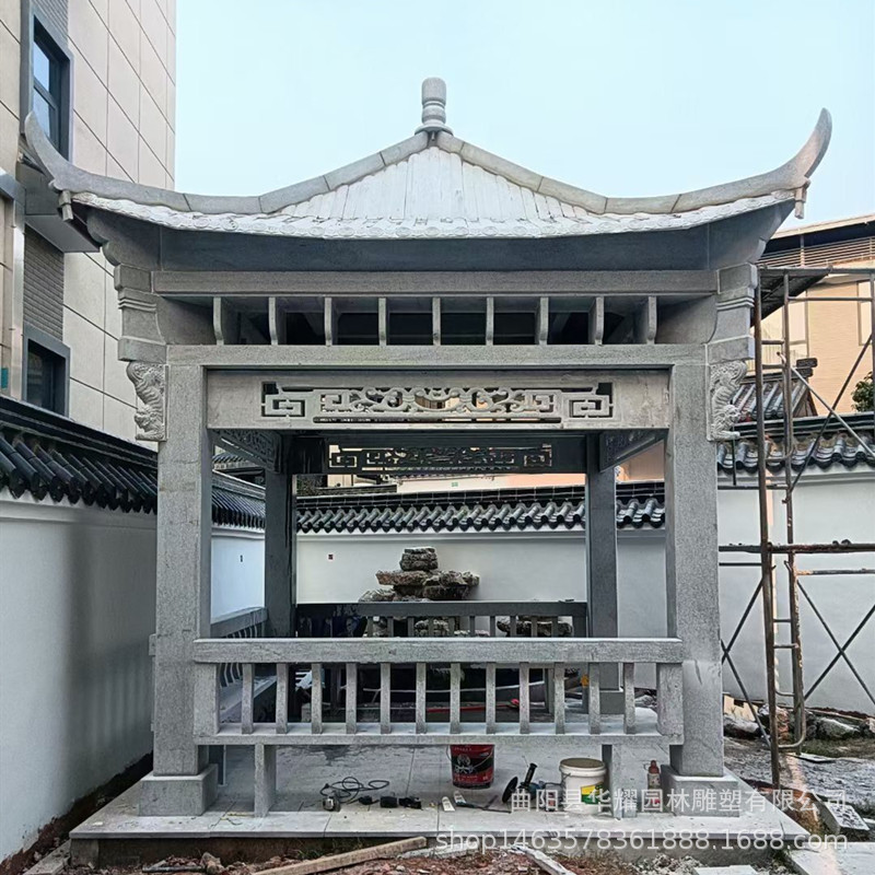 中式晚霞红石雕凉亭别墅庭院