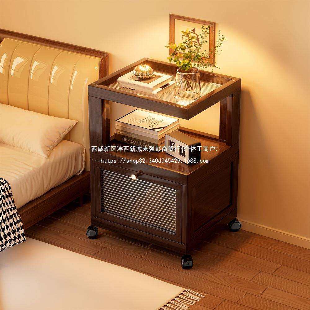楠竹边几客厅沙发边柜简约小茶几卧室家用带灯床头柜置物架小桌子