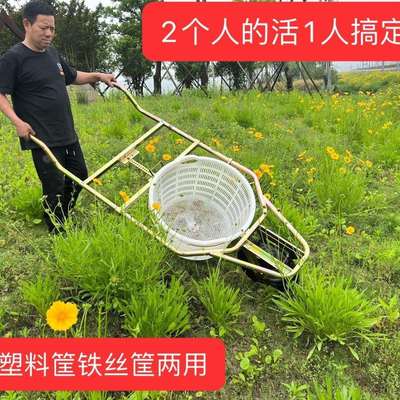 大棚西瓜专用免抬筐塑框钢丝筐两用手推式独轮推瓜车推瓜神车
