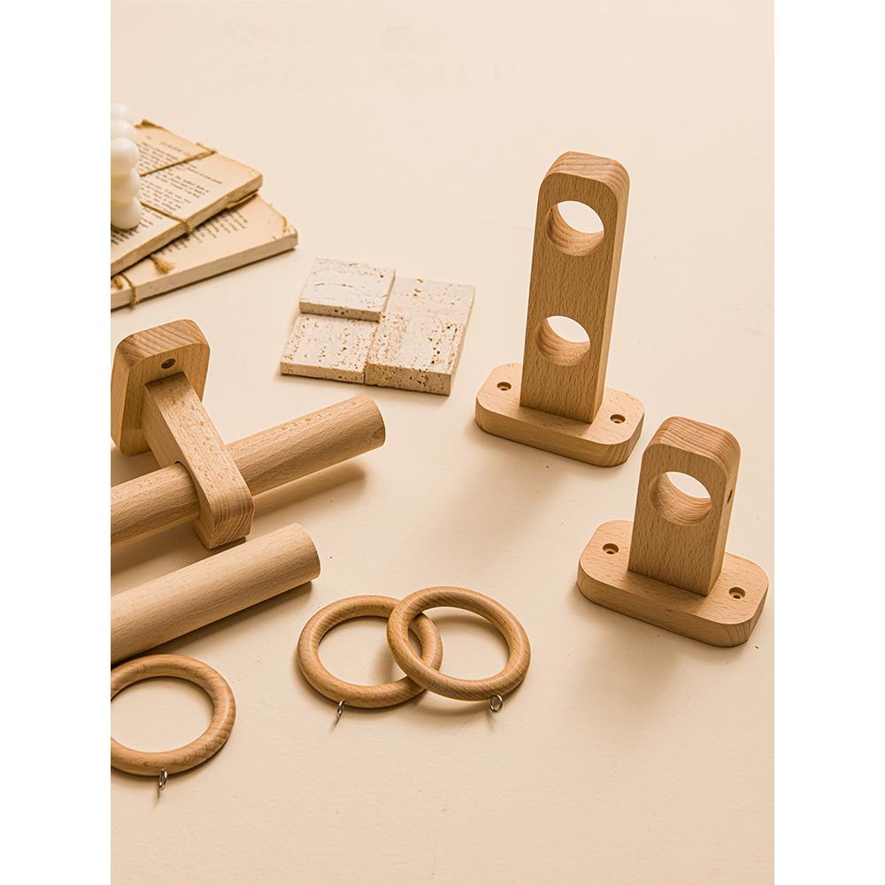 日式原木风实木窗帘杆罗马杆单杆双杆简约轻奢榉木窗帘支架打