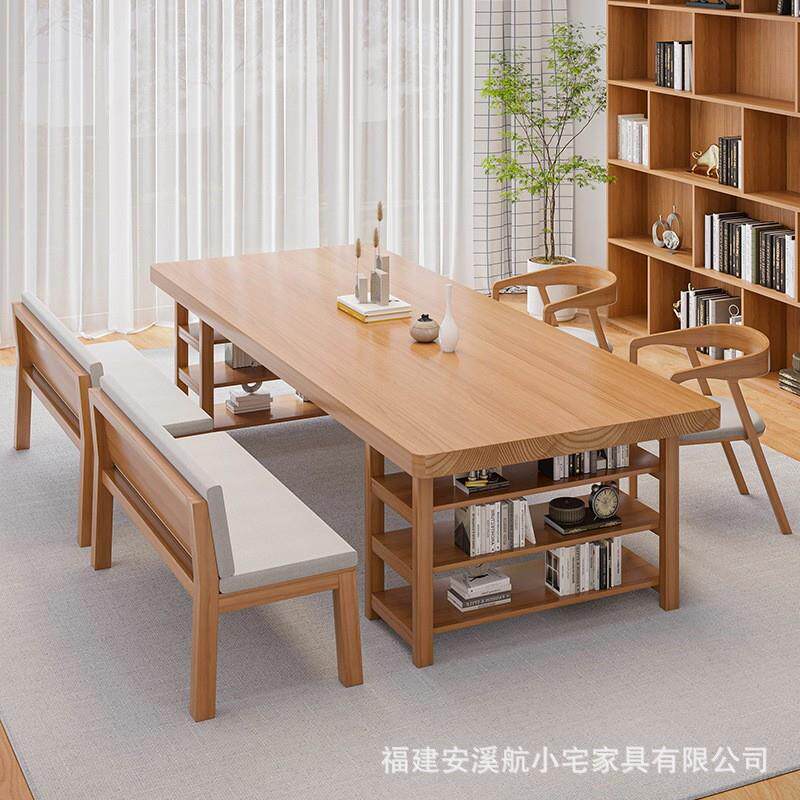 简约纯实木大书桌书柜一体家用办公学习桌客厅多功能长桌子工作台