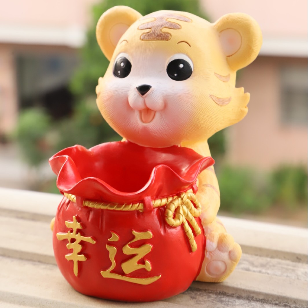 树脂桌面趣味笔筒圆形大容量老虎办公室儿童文具收纳盒创意风摆件