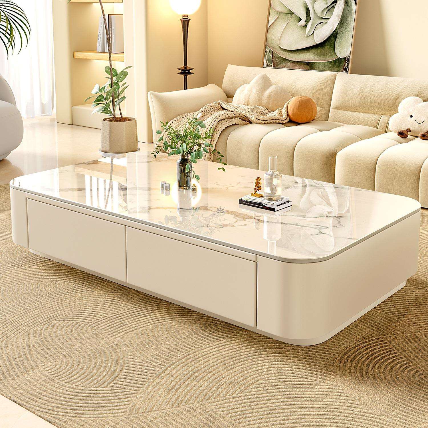 奶油风岩板茶几客厅家用2024新款轻奢简约小户型出租房带抽屉茶桌