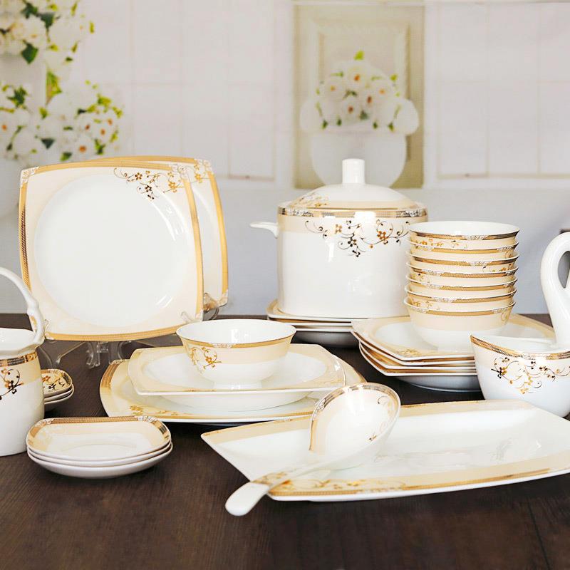 骨瓷餐具碗碟盘套装碗筷盘子碗套装碗具唯有暗香来60头