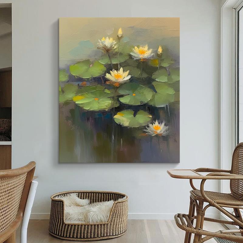 新中式客厅肌理睡莲装饰画玄关手绘绿色荷花卉壁画大芬油画村挂画