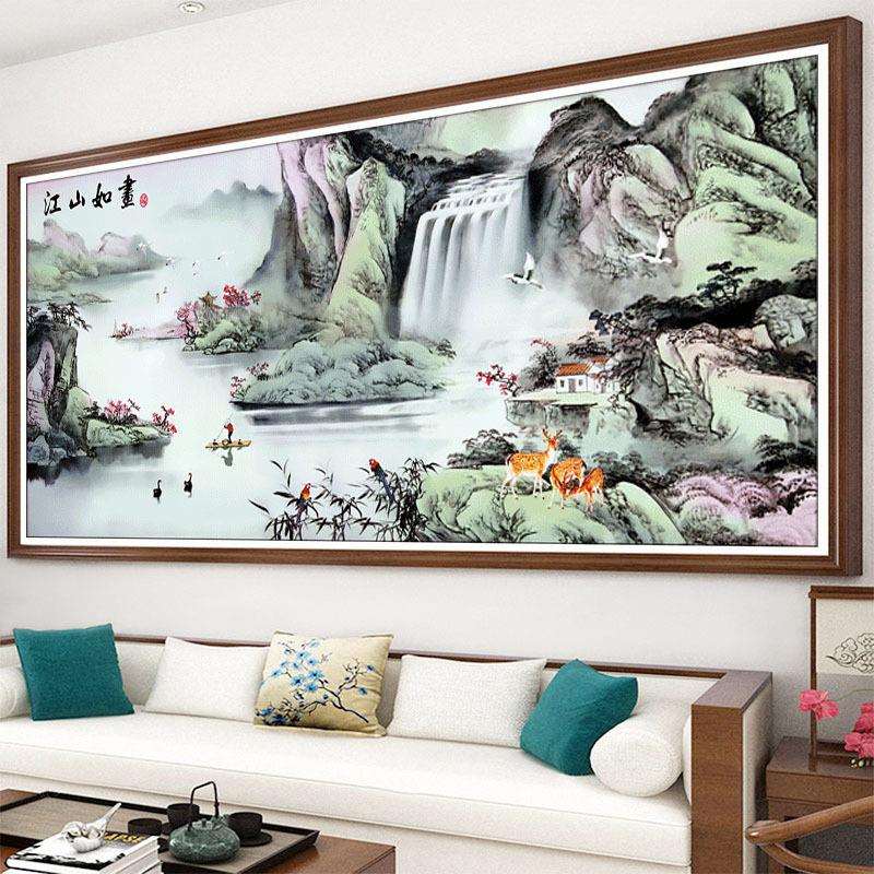 江山如画风景十字绣2022新款线绣客厅大幅流水生财山水画手工自绣