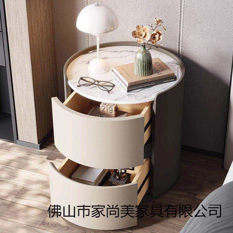 圆形床头柜意式极简轻奢岩板床边柜高级简约现代实木卧室收纳储物