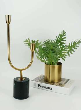 轻奢样板房软装饰品仿大理石底烛台后现代欧式金色金属蜡烛台摆件