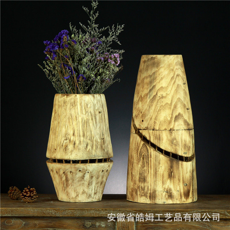 手工制作木质工艺花瓶花盆花桶花艺干花插花花器居家装饰器皿