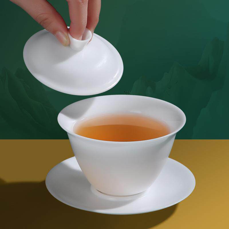 冰种玉瓷盖碗羊脂玉素烧三才碗陶瓷泡茶碗透光高档轻奢德化白茶壶