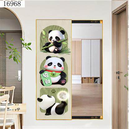 客厅镜子装饰画奶油风入户门玄关画熊猫壁画高档竖版走廊过道挂画