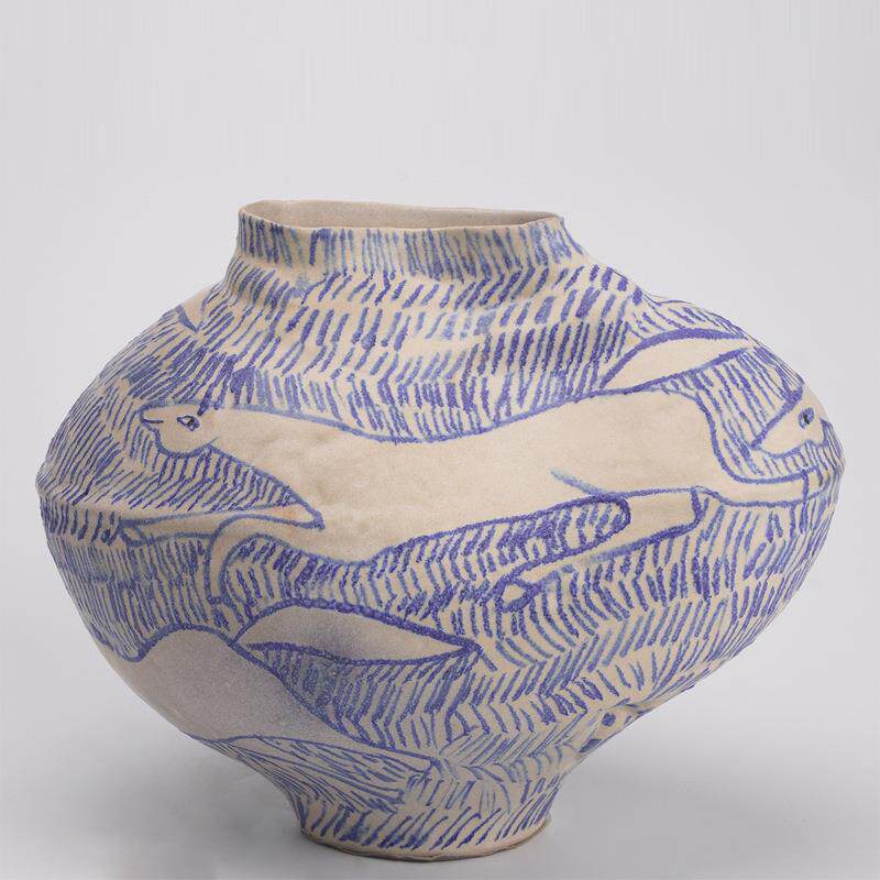 中古风手绘梦马陶瓷花瓶家居样板间青花插花器玄关餐桌装饰品摆件