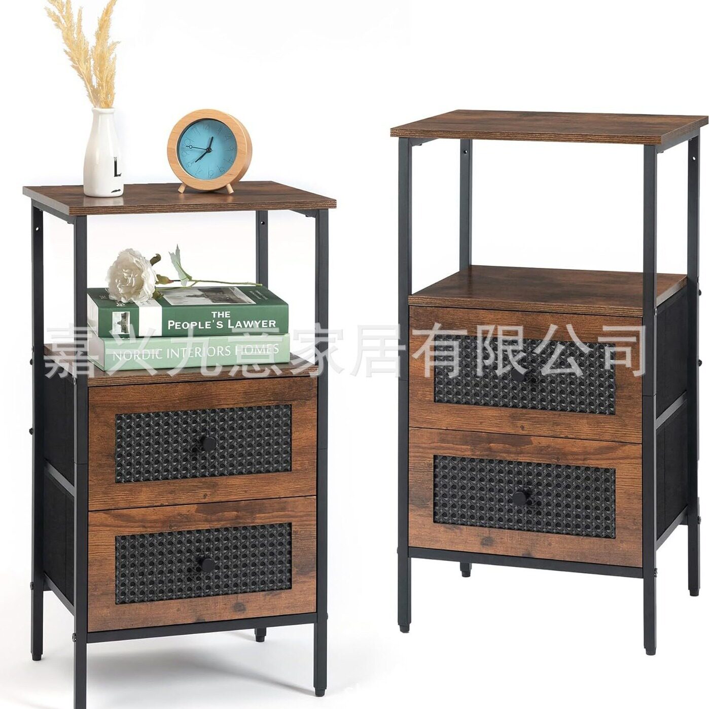 日式仿藤编复古印花布艺储物柜子3层2抽屉式衣柜收纳折叠铁艺床头