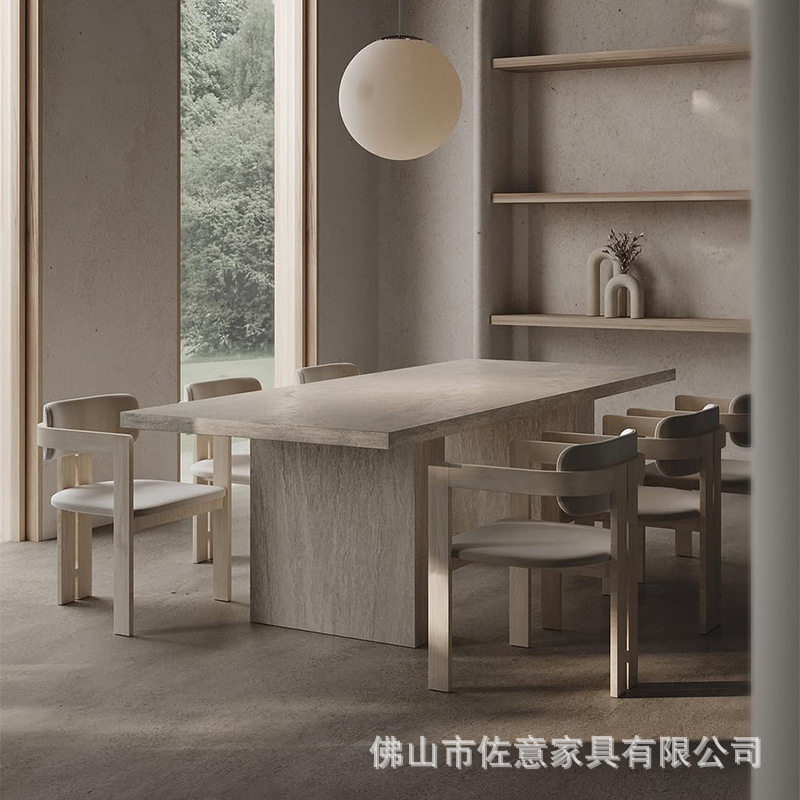 北欧洞石岩板餐桌高级法式奶油家用设计师长方形饭桌会议办公桌子