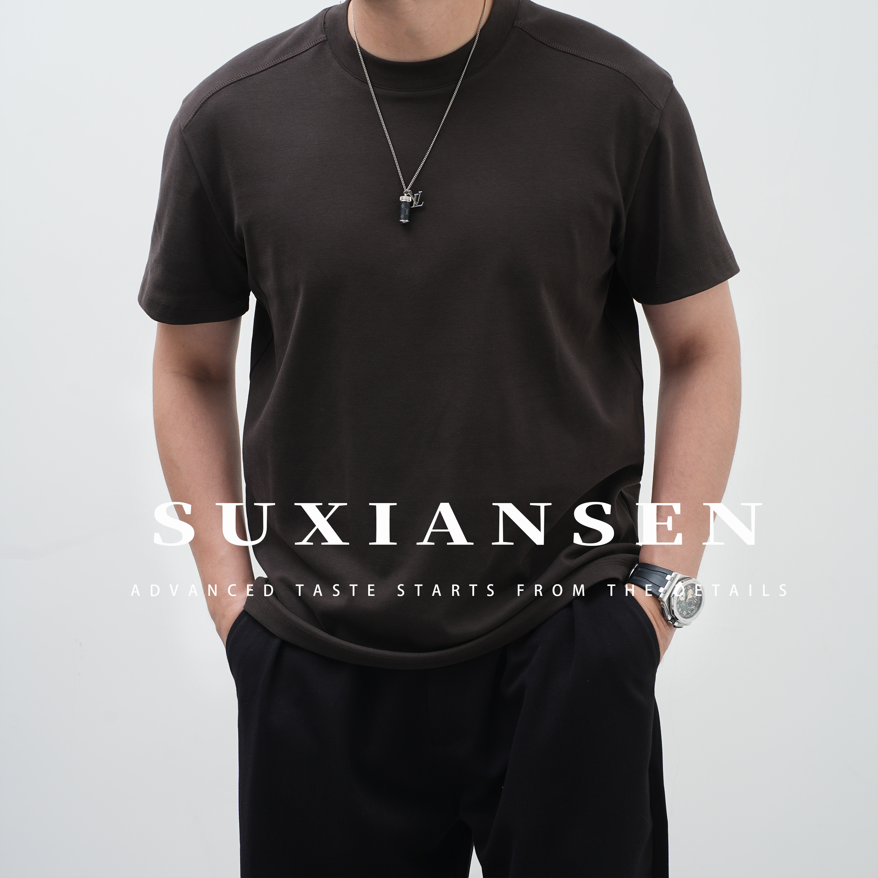 【大头叔叔】秋季莫代尔简约圆领休闲微落肩男短袖T恤DDT7133