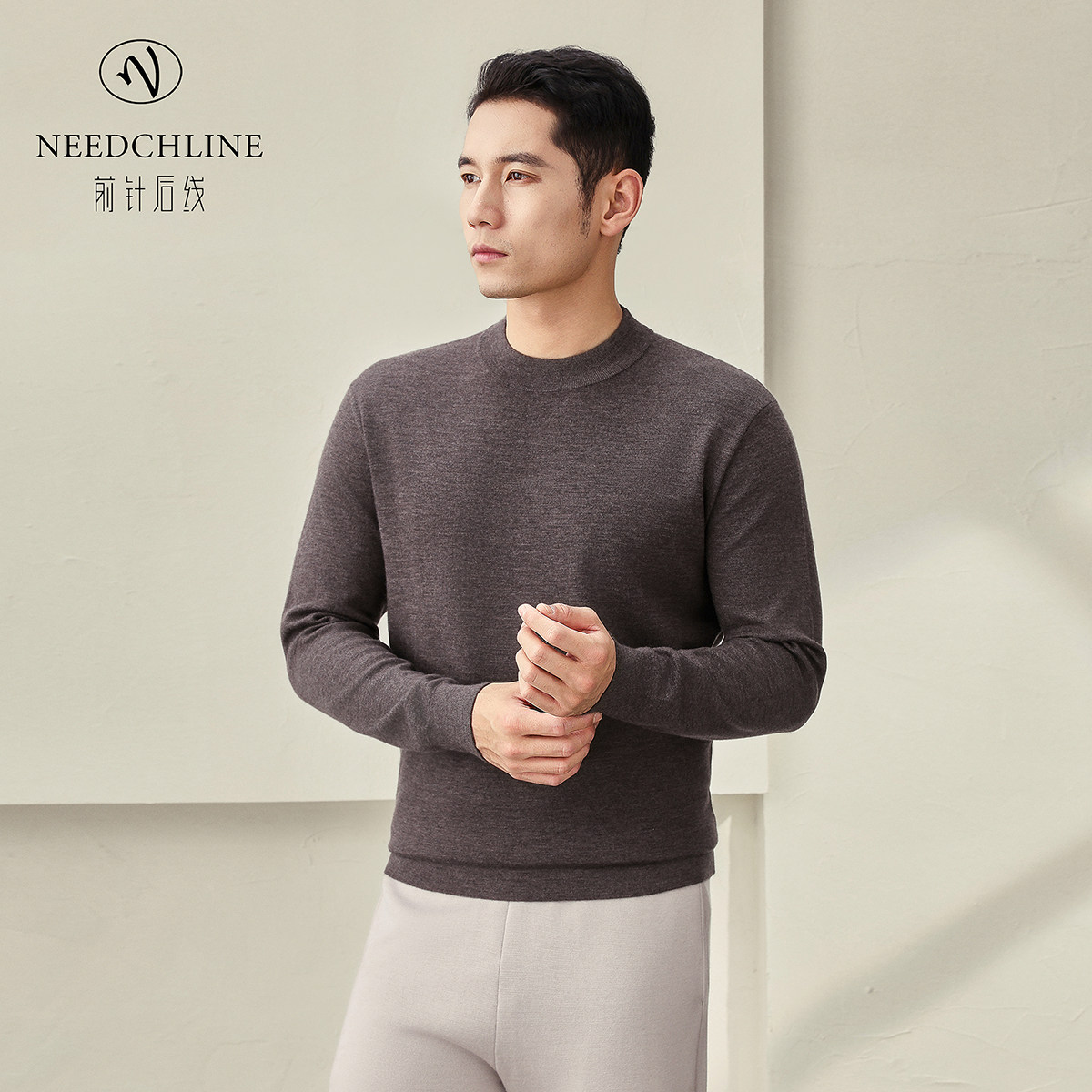 前针后线男士100%山羊绒半高领长袖男款秋冬保暖男装简约圆领精纺