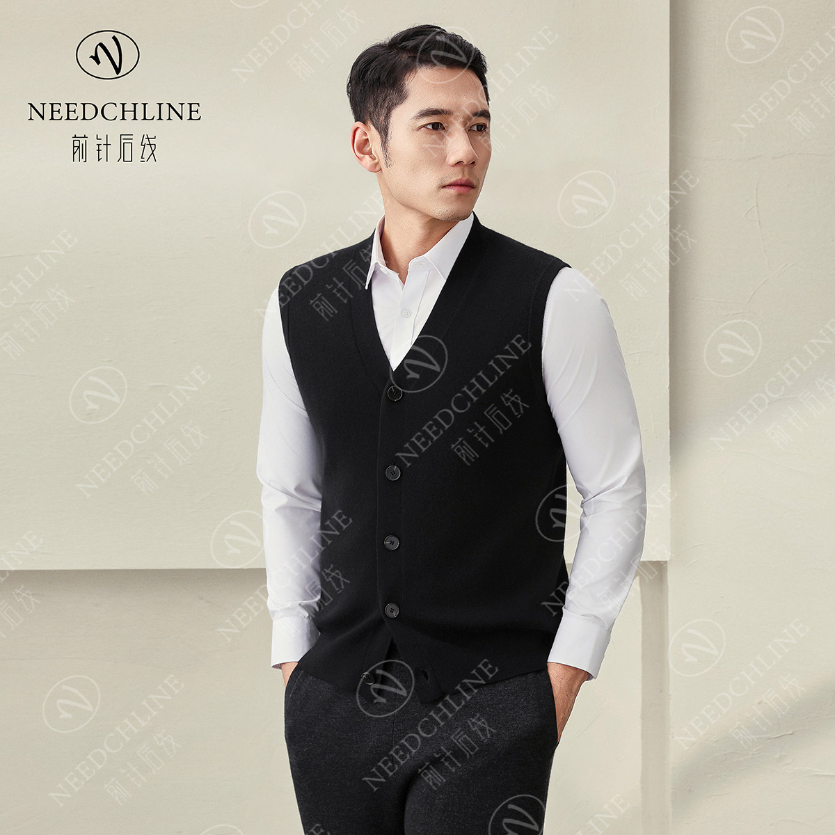 前针后线男士100%山羊绒V领马甲开衫男款秋冬季保暖男装精纺加厚