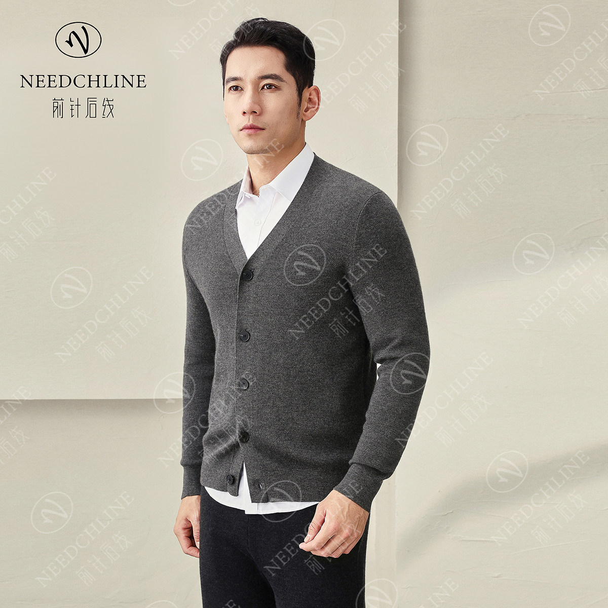 前针后线男士100%山羊绒V领长袖开衫男款秋冬季保暖外套男装精纺