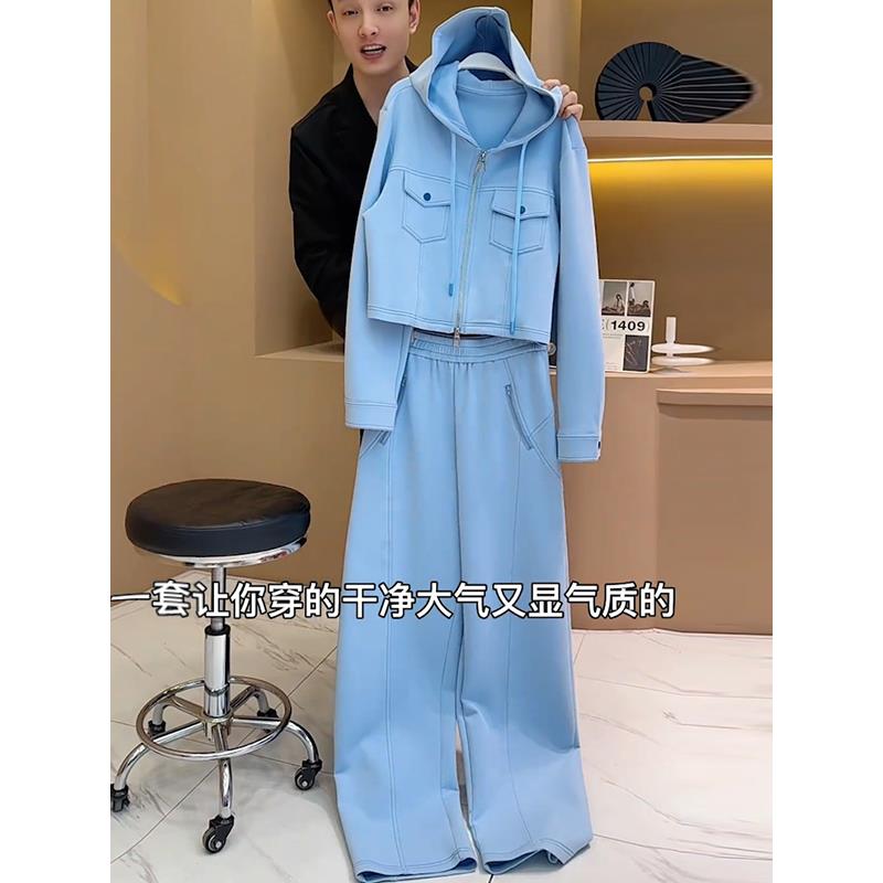 ROUMIKL港风穿搭休闲运动套装女2025秋洋气减龄蓝色卫衣外套阔腿