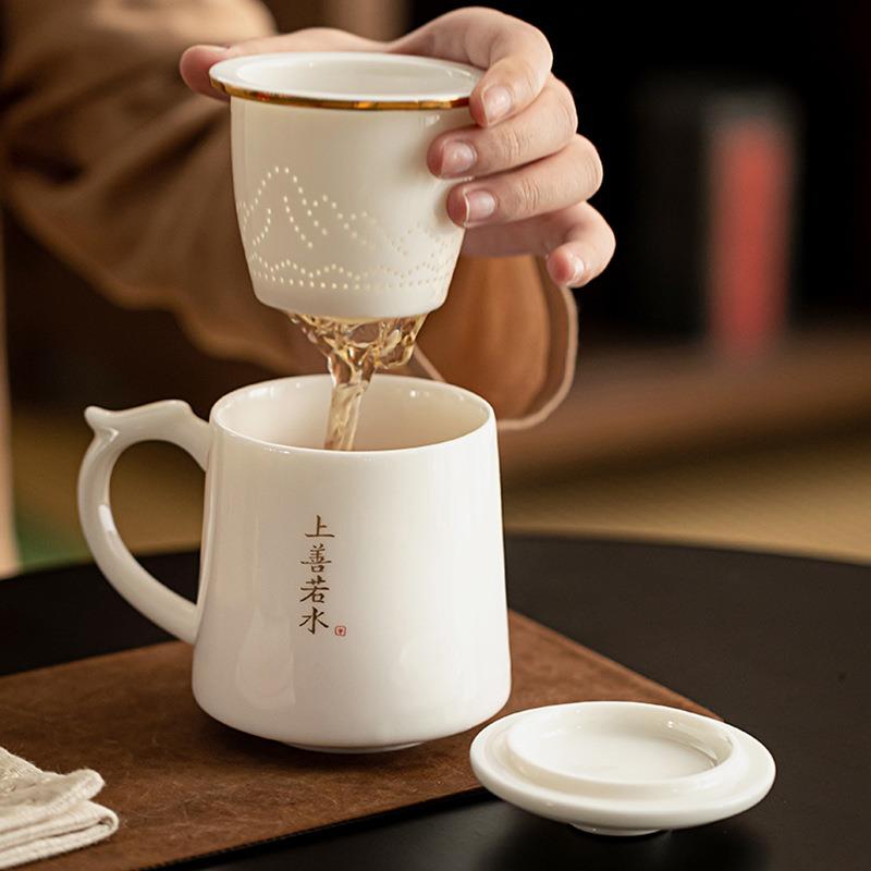 羊脂玉白瓷茶杯办公室茶水分离陶瓷泡茶水杯大容量带盖杯子马克杯