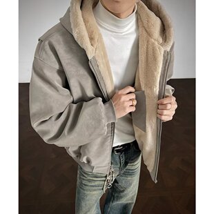 【一件过冬】PU皮座山雕男女休闲复古加绒保暖仿兔毛连帽棉衣外套