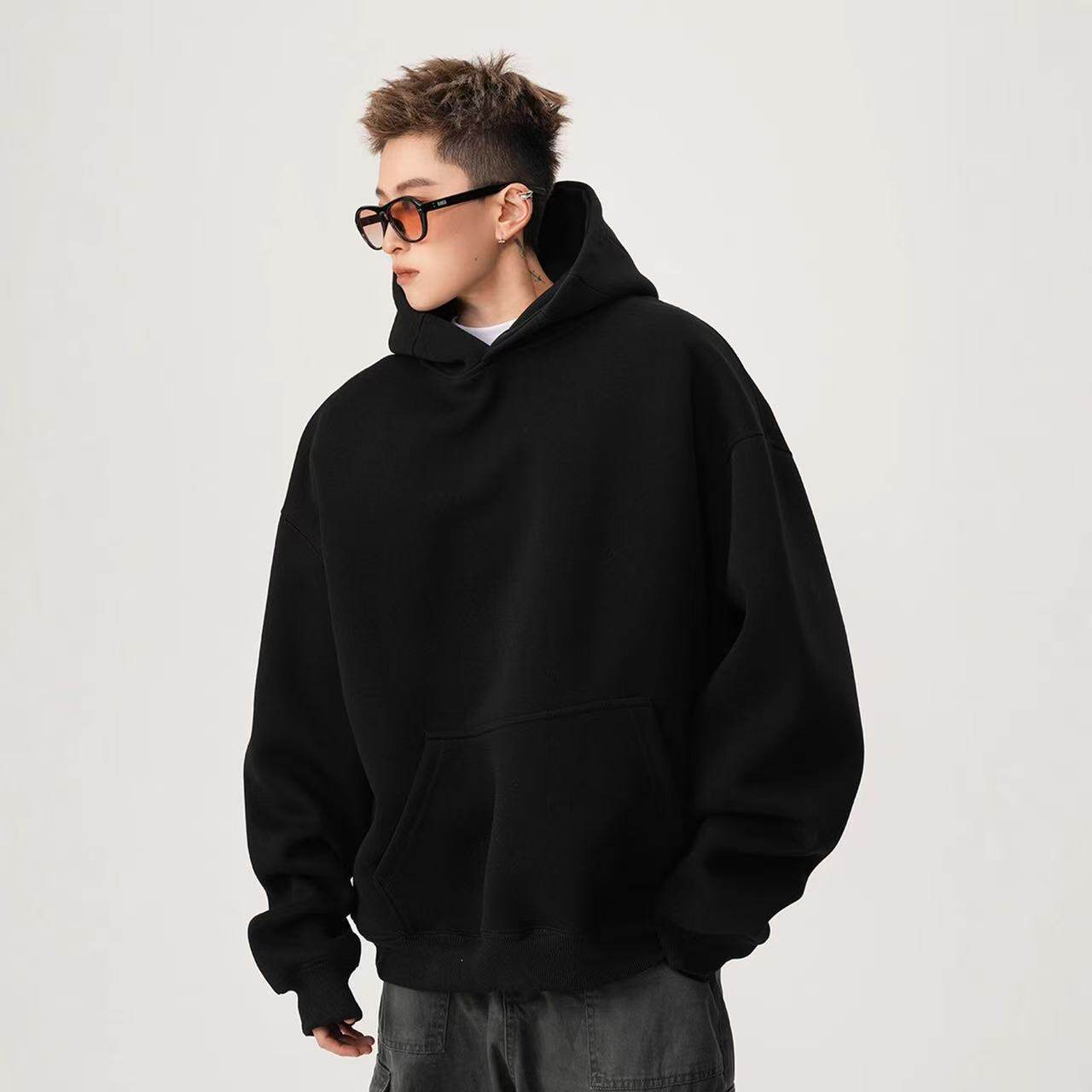 美式重磅cleanfit连帽卫衣男女同款 高街宽松硬挺纯色百搭秋冬潮