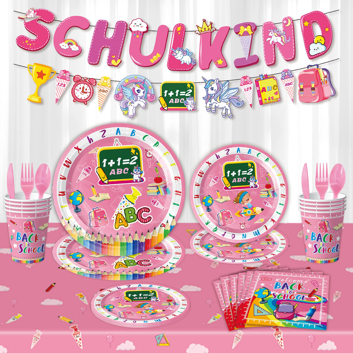 粉色开学季主题餐具儿童返校派对用品一次性桌布纸盘纸杯拉旗布置