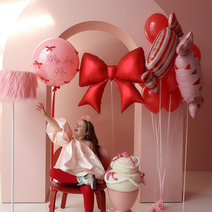 卡通爱心条纹糖果铝膜气球红色蝴蝶结新年背景墙布置情人节装饰品