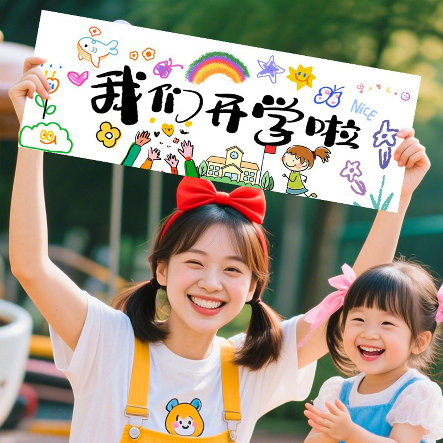 新学期开学典礼手持横幅拍照道具幼儿园返校迎新活动装饰场景布置