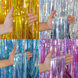 镭射雨丝帘流苏彩条门帘儿童生日派对背景墙氛围装饰婚庆舞台布置