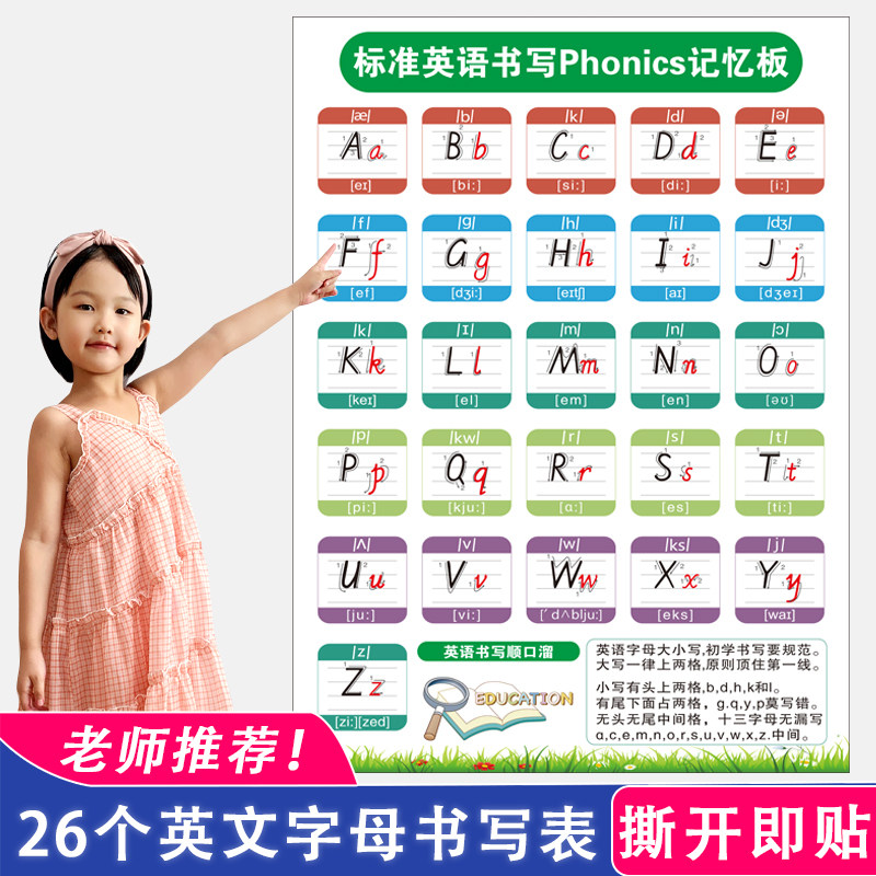 英文字母挂图背胶设计  26个英文字母学习墙贴 可贴墙背胶教育挂