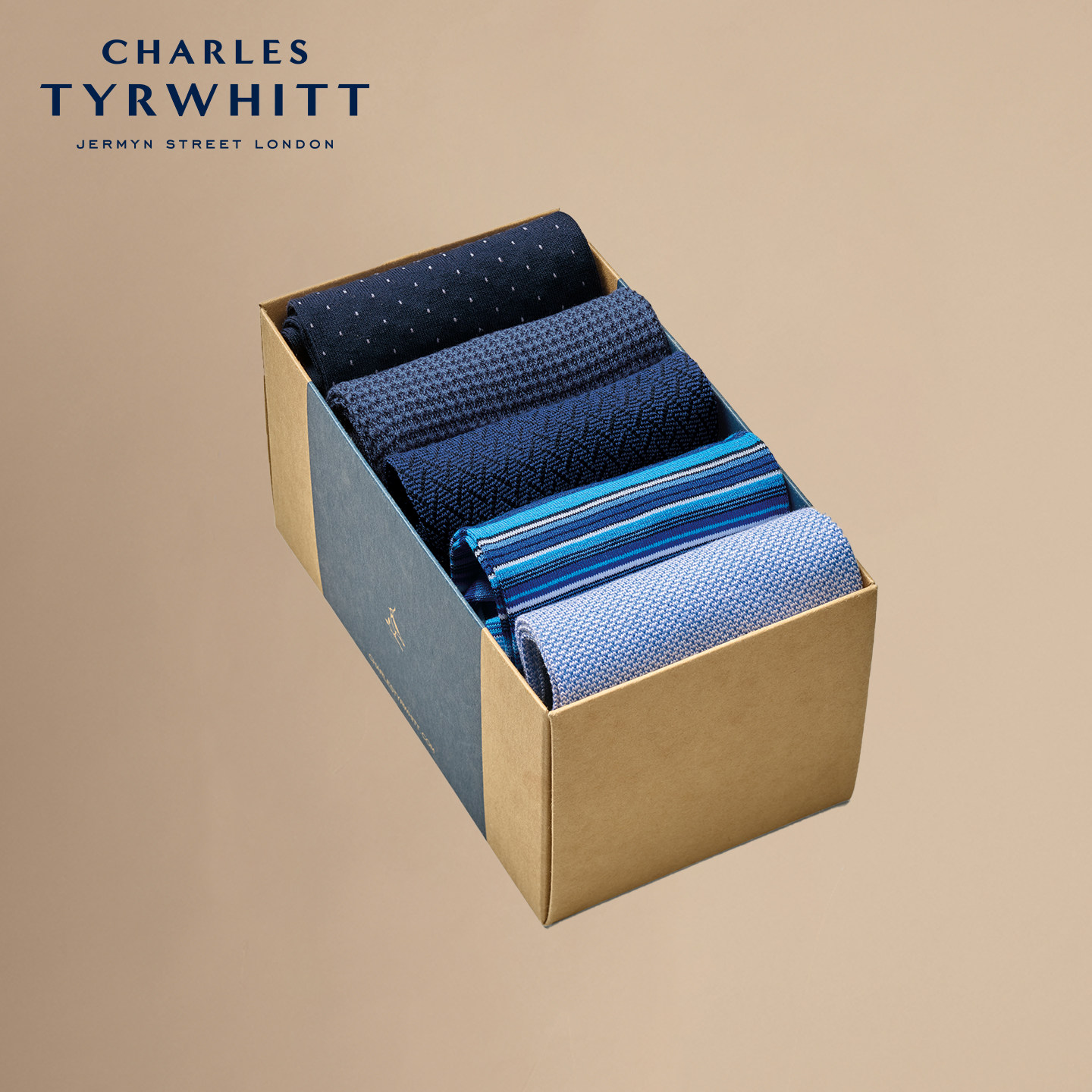 【礼盒套装】CHARLES TYRWHITT蓝色系百搭休闲款中高筒棉袜子礼盒