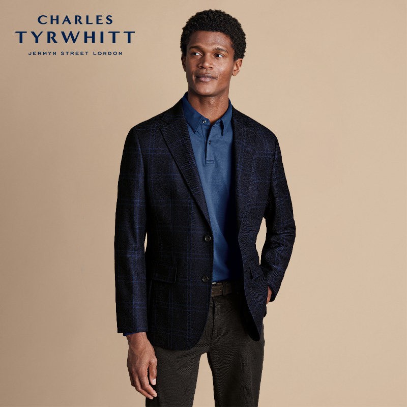 CHARLES TYRWHITT修身版轻奢法式海军蓝羊毛质感夹克西装男士