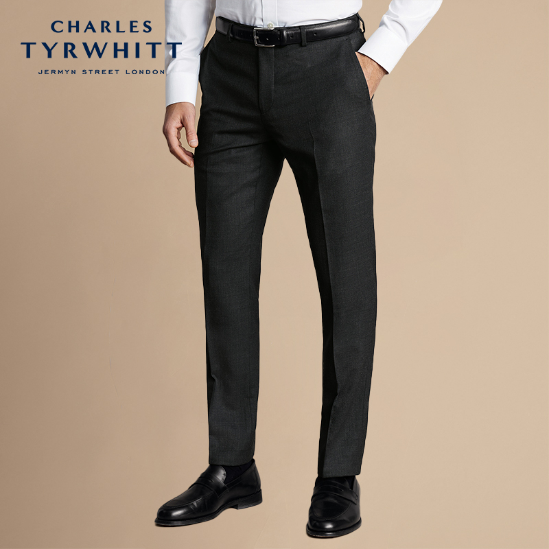 CHARLES TYRWHITT修身版型炭灰米通格纹理高端商务系列西装裤男