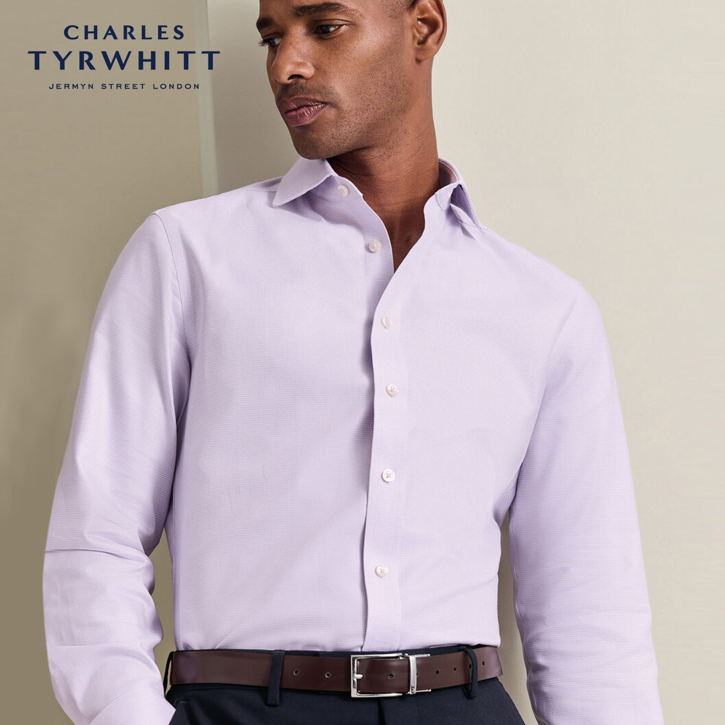 CHARLES TYRWHITT修身版紫罗兰威尔士亲王格巴灵顿织纹温莎领衬衫