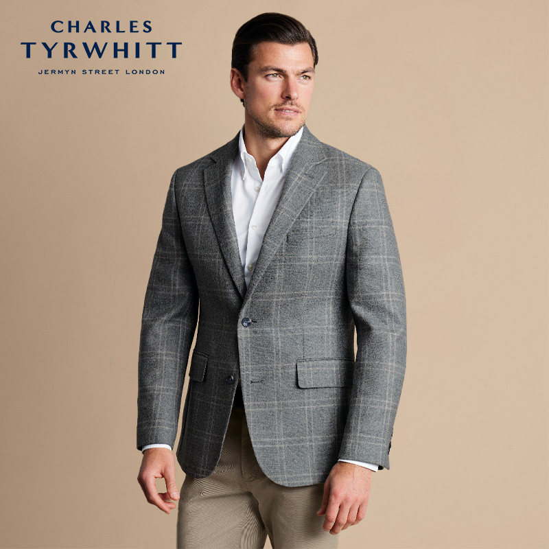 CHARLES TYRWHITT修身版灰色羊毛质感男士西装夹克宴会婚礼外套