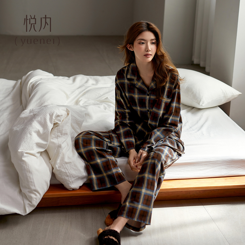 悦内睡衣女士春秋季秋款秋天纯棉长袖大码家居服休闲开衫格子套装