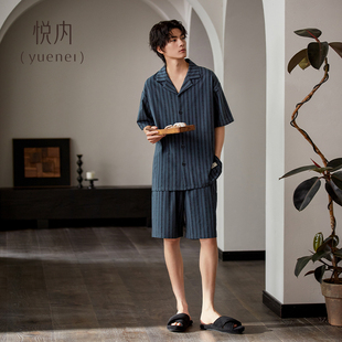 休閑條紋薄款 悅內睡衣男款 可外穿 家居服時尚 短褲 夏季 夏天純棉短袖