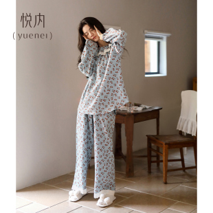 梭织全棉家居服秋天休闲圆领可外穿 纯棉长袖 悦内睡衣女春秋款 秋季