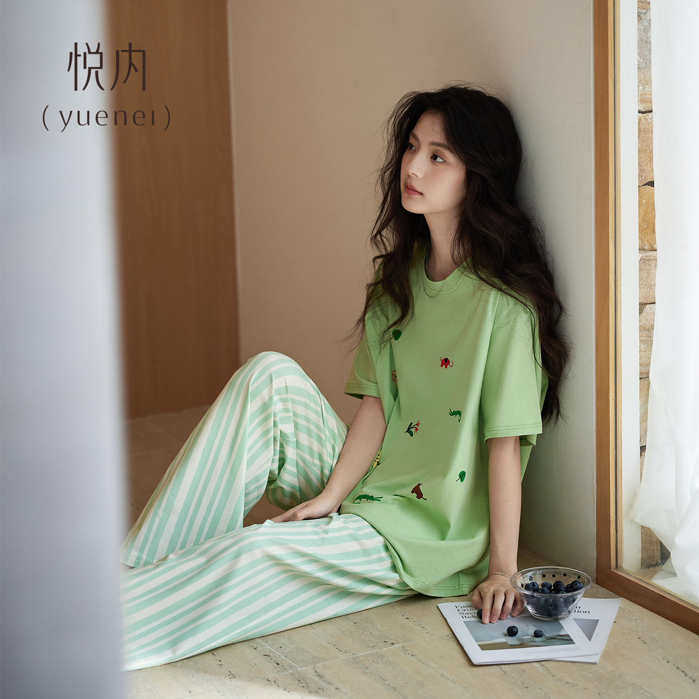 悦内睡衣女款夏款纯棉短袖短裤家居服夏季清新休闲圆领可外穿套装