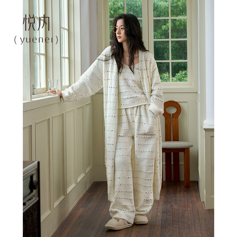 悦内半边绒睡袍女睡衣秋冬季珊瑚绒吊带背心长款大码家居服三件套