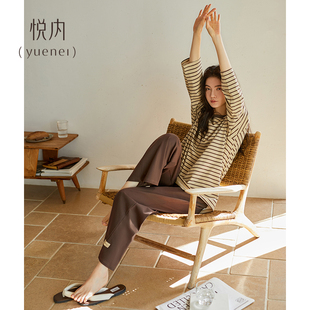 家居服时尚 悦内带胸垫睡衣女款 长裤 秋天纯棉长袖 条纹可外穿 春秋季