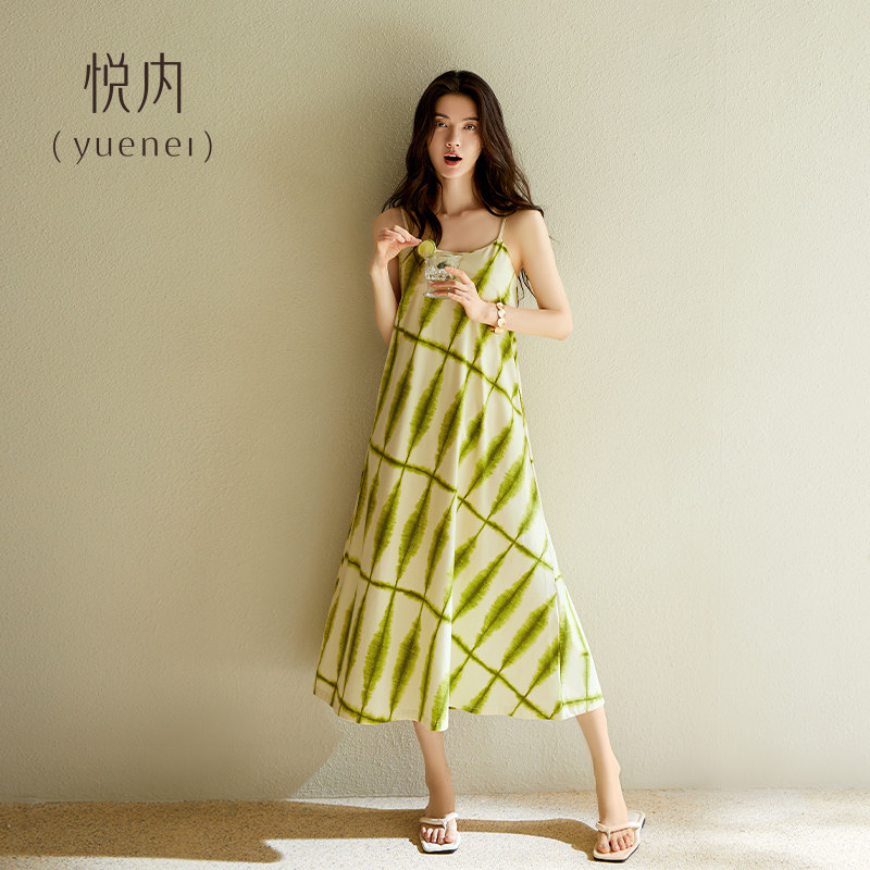 悦内带胸垫睡裙女款睡衣夏季夏天莫代尔吊带背心大尺码长版裙扎染